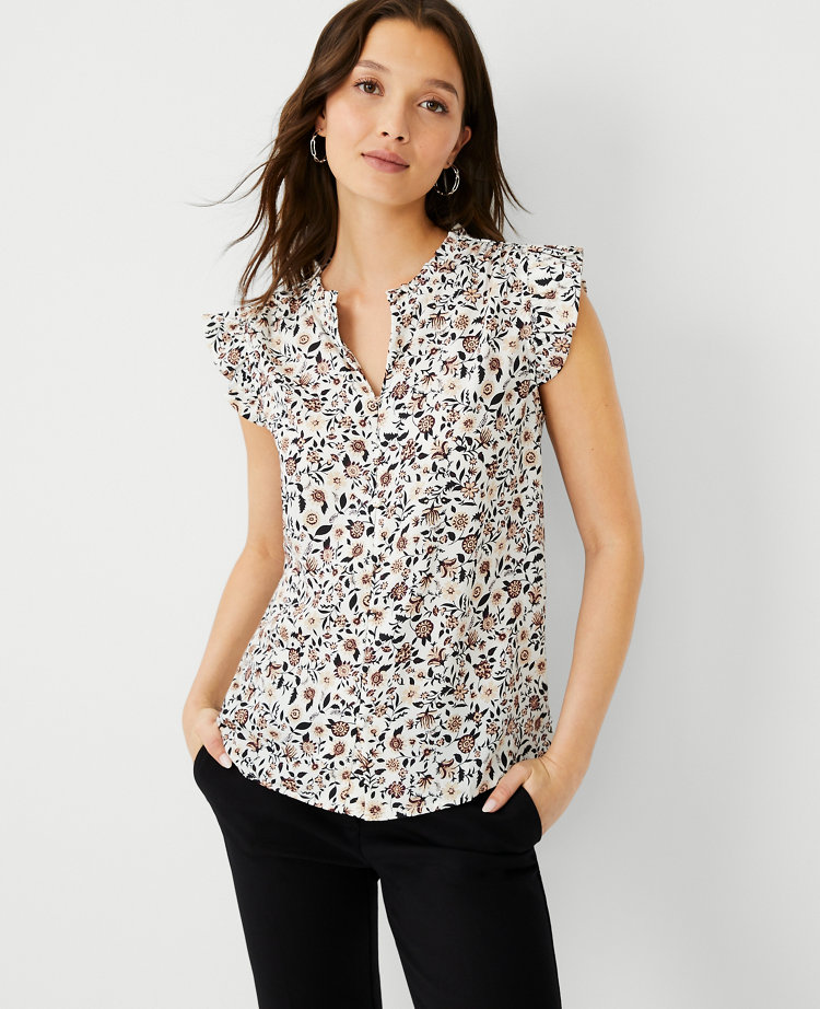 Floral Mixed Media Ruffle Button Shell