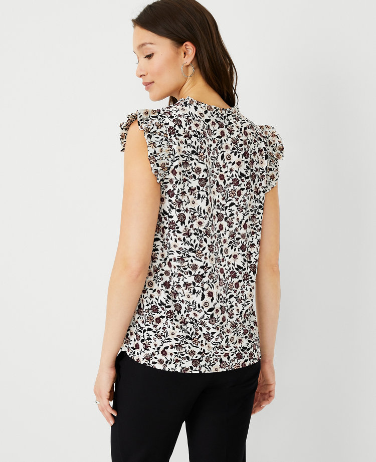 Floral Mixed Media Ruffle Button Shell