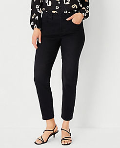 Ann Taylor Women Clothing Jeans Tapered Jeans Petite Sculpting Pocket Mid Rise Tapered Jeans in Faded Black Wash 