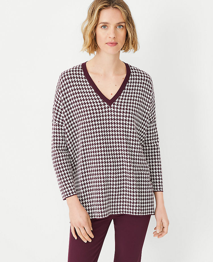 Houndstooth Easy V-Neck Tunic Sweater