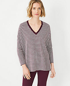 Houndstooth Easy V-Neck Tunic Sweater Ann Taylor Women Clothing Tunics 