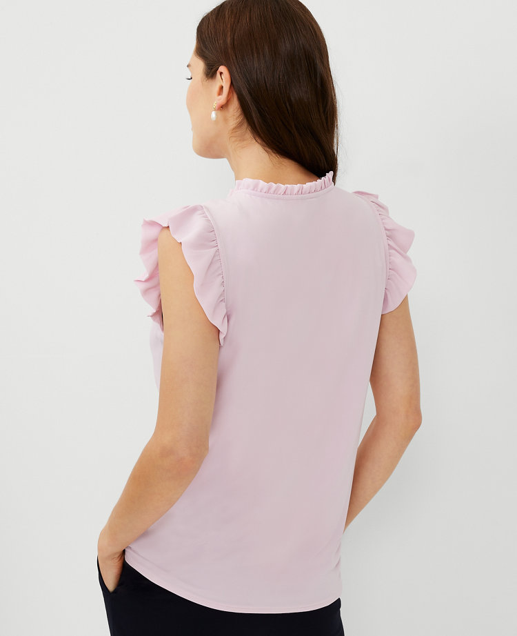 Petite Mixed Media Ruffle Button Shell