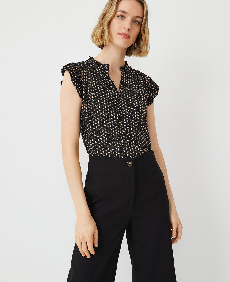 Petite Floral Mixed Media Ruffle Button Shell