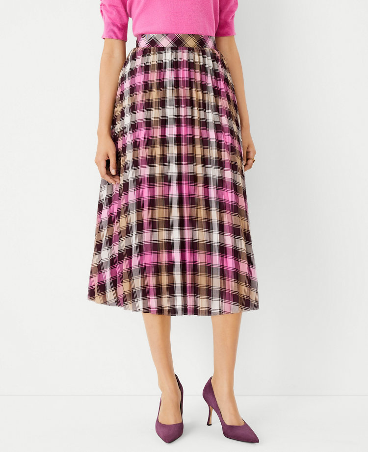 Plaid Pleated Midi Skirt