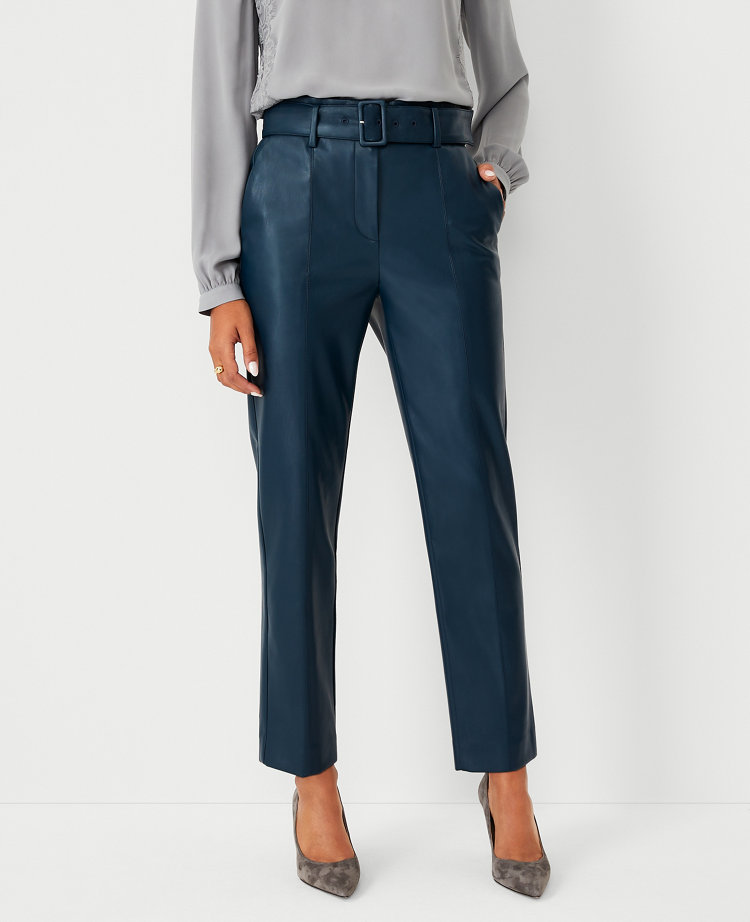 The Petite Belted Taper Pant in Faux Leather