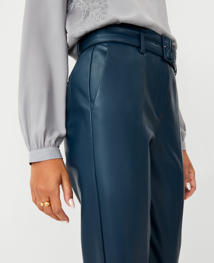 The Petite Belted Taper Pant in Faux Leather