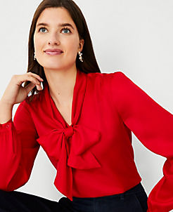 Ann Taylor Chain Jacquard Tie Neck Top in Red Womens Clothing Tops Long-sleeved tops 