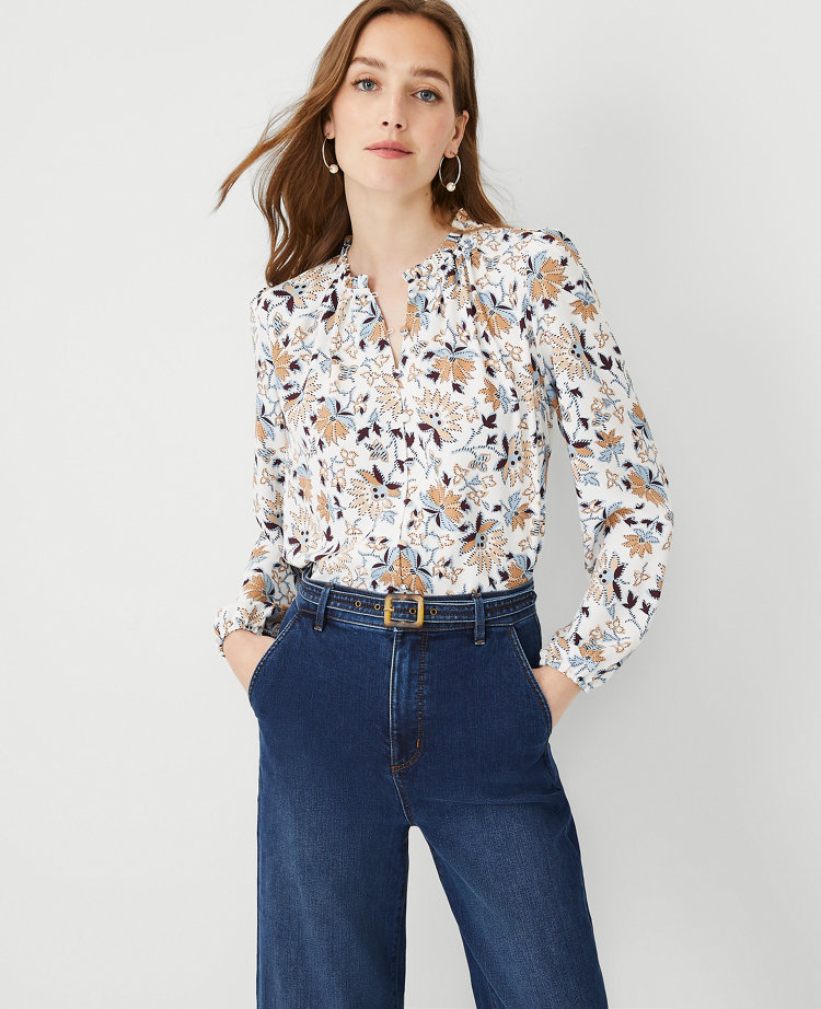 Floral Mixed Media Button Front Top | Ann Taylor