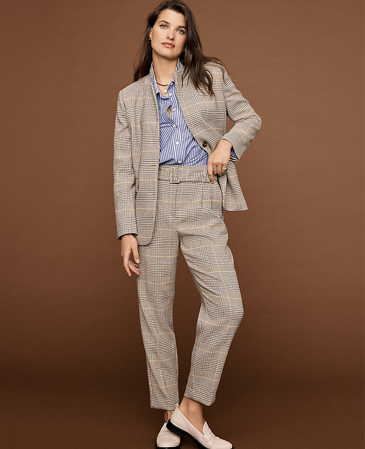 The Petite Belted High Waist Taper Pant in Glen Check