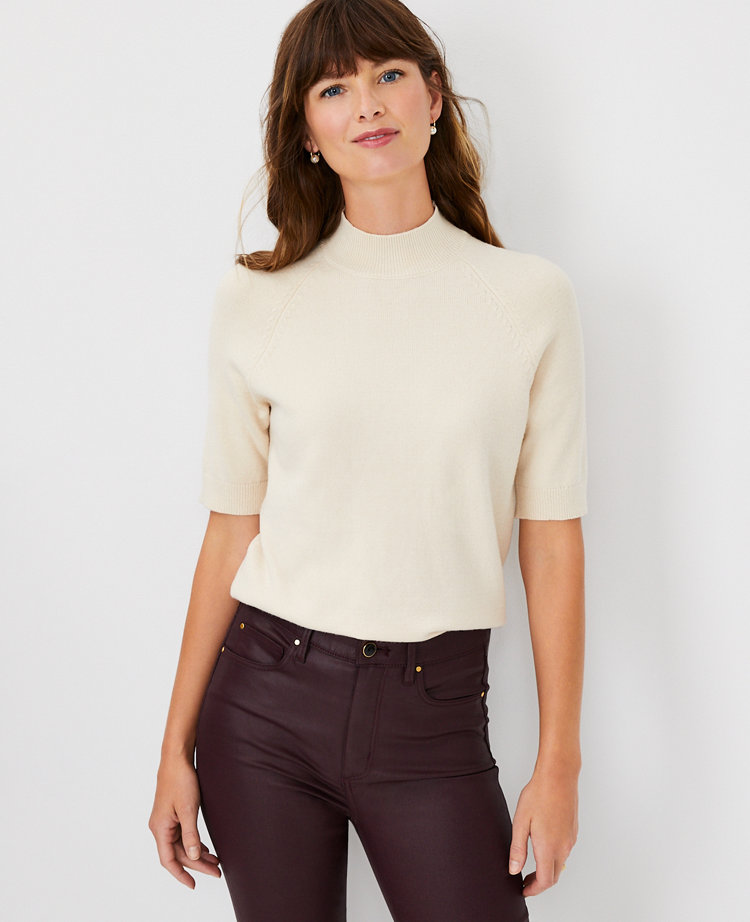 Ribbed Mock Neck Elbow Sleeve Tee