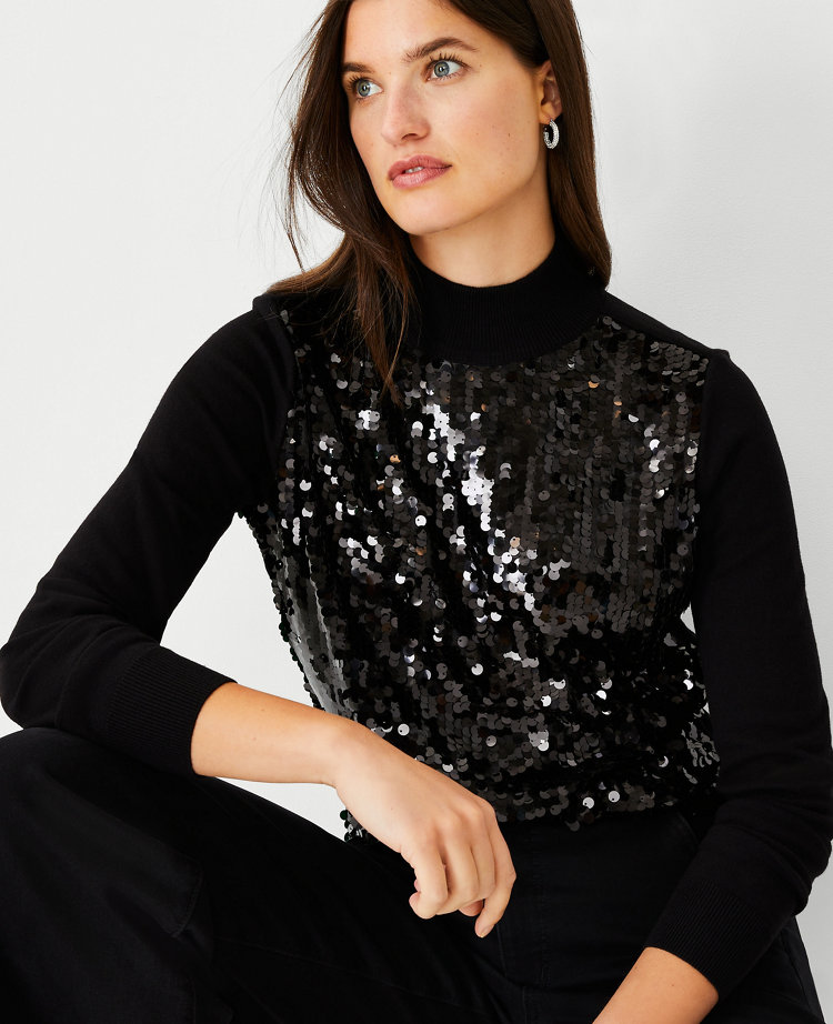 Ann Taylor Sequin Front Turtleneck Sweater Black Women's