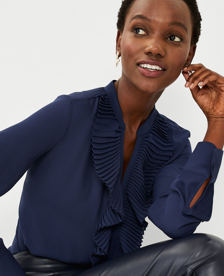 Navy ruffle blouse hot sale