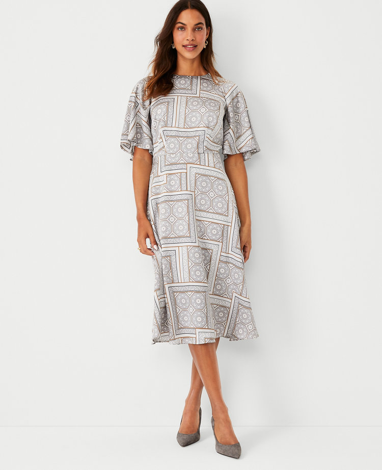 Mosaic Flutter Sleeve Flare Dress