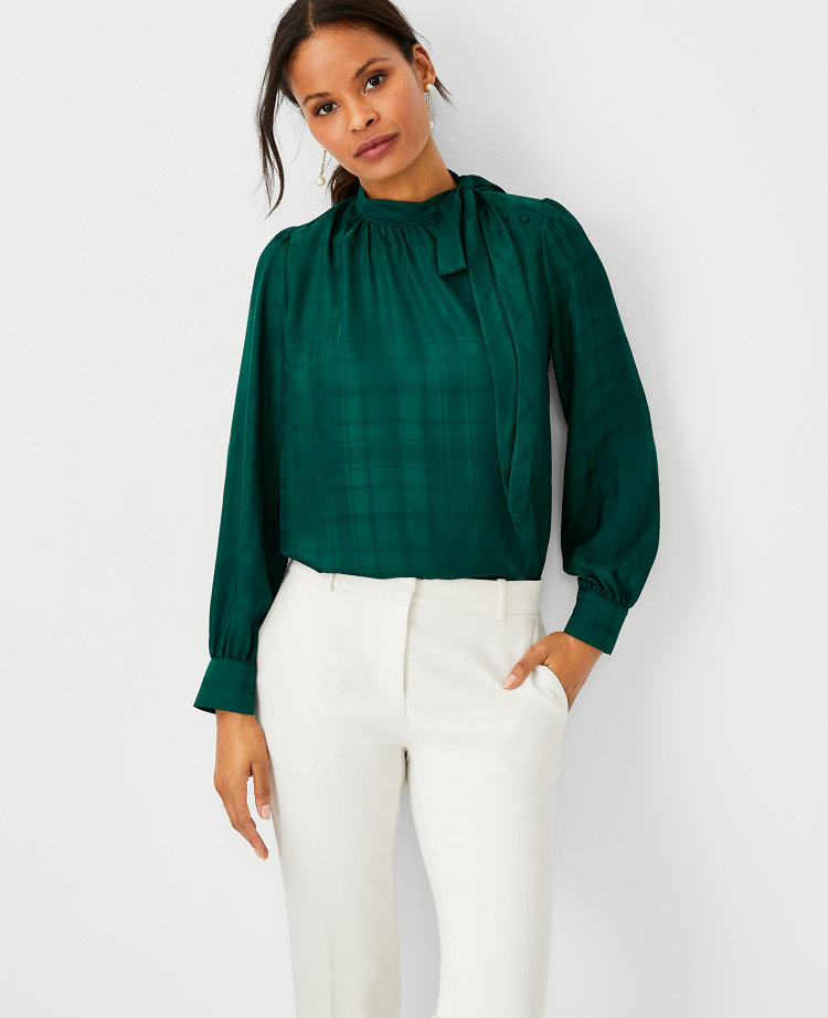 B&W Plaid Knotted Cropped Long Sleeve Button Up Blouse main image 1