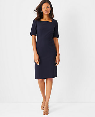 Ann Taylor The Petite Square Neck Sheath Dress In Seasonless Stretch In Nocturne Navy