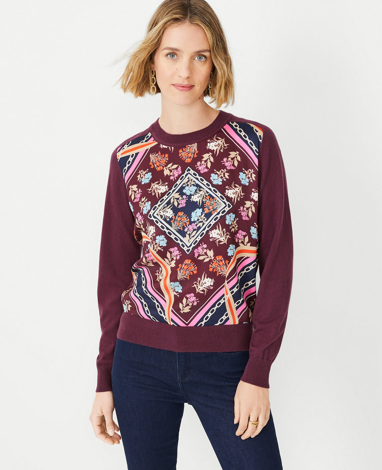 Petite Floral Scarf Print Mixed Media Sweater