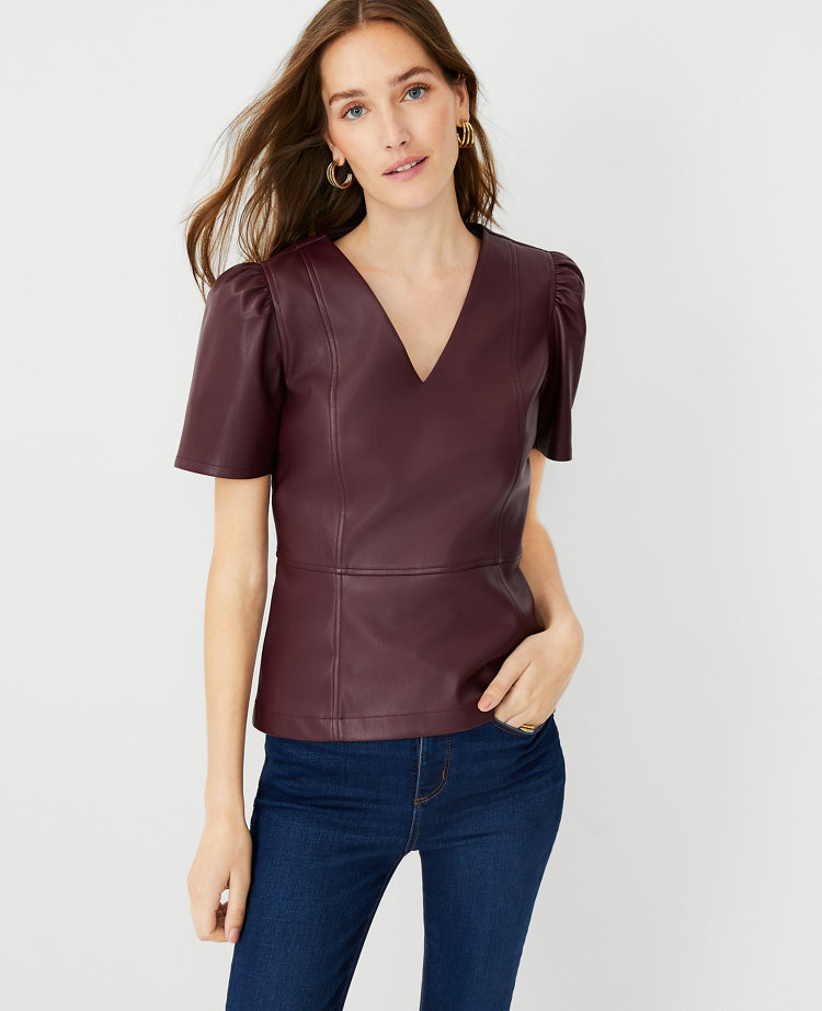 Faux Leather Peplum Puff Sleeve Top