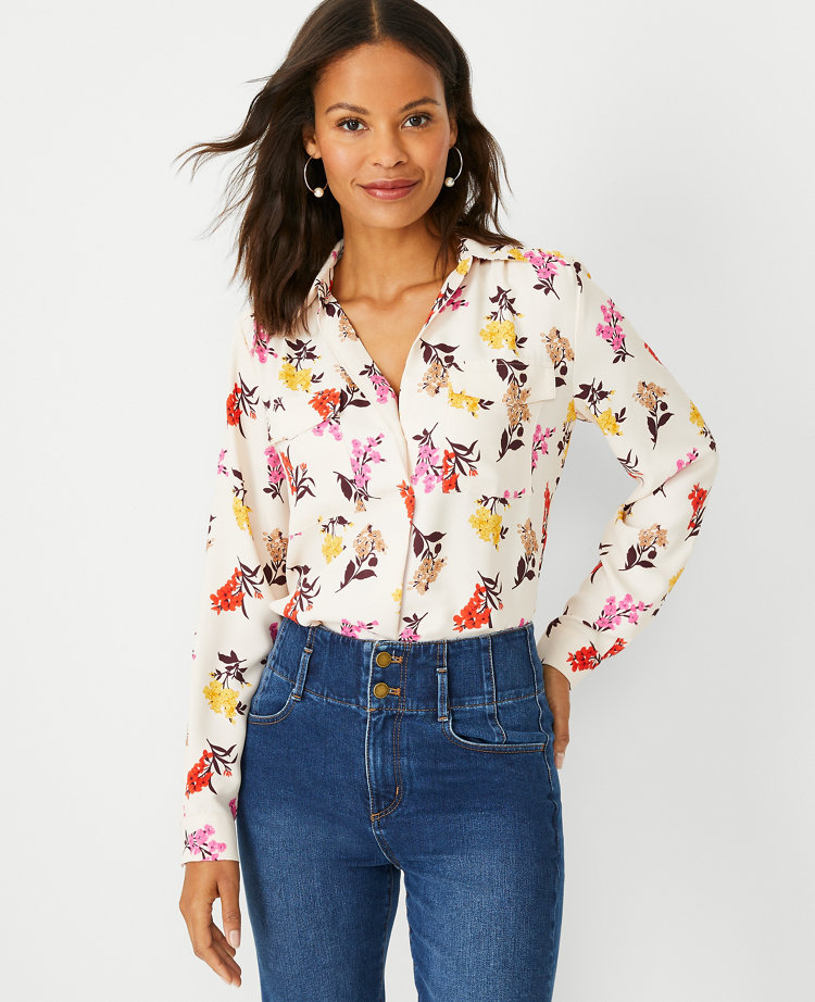 Ann Taylor Petite Floral Draped Mixed Media Shell Top - ShopStyle