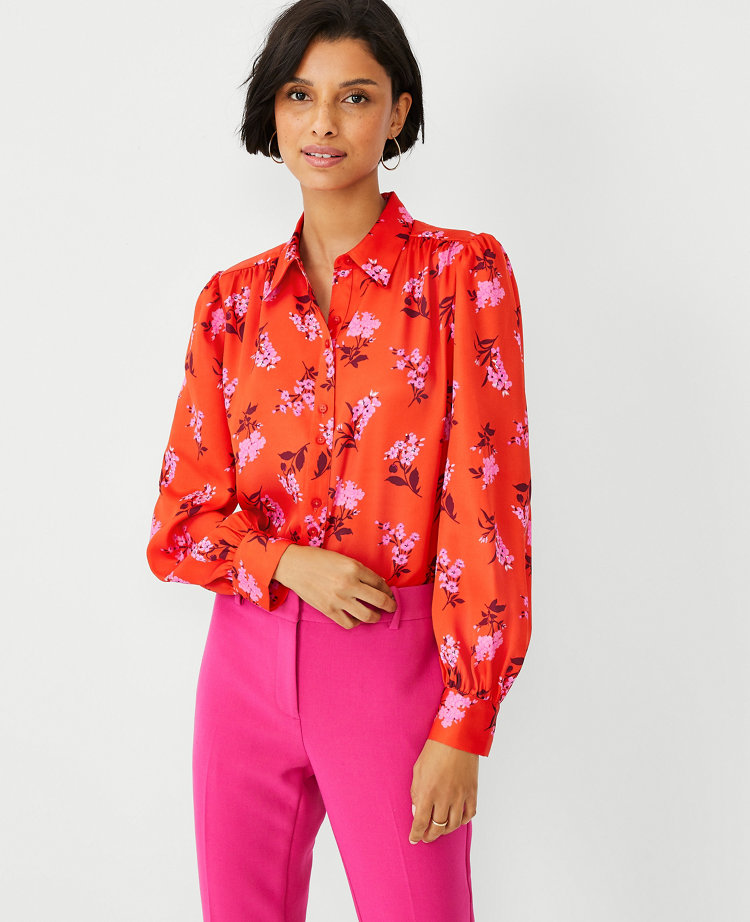 Petite Floral Collared Button Down Blouse