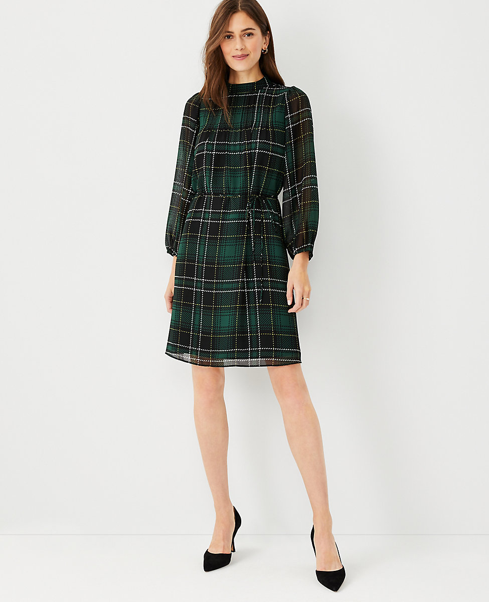 Plaid Pintucked Belted Dress