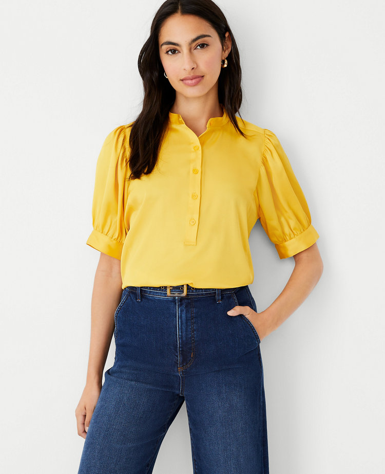 Petite Half Placket Puff Sleeve Top