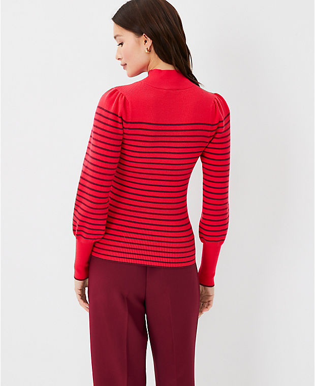 Striped Puff Sleeve Mock Neck Sweater