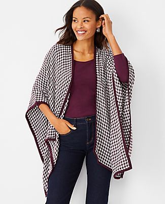 Ann Taylor Houndstooth Open Front Poncho In White
