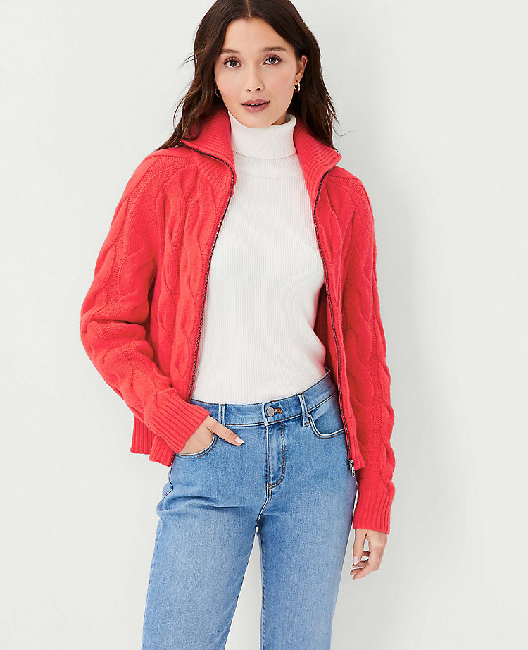 Ann Taylor Zip Cable Sweater Jacket (Fierce Crimson)