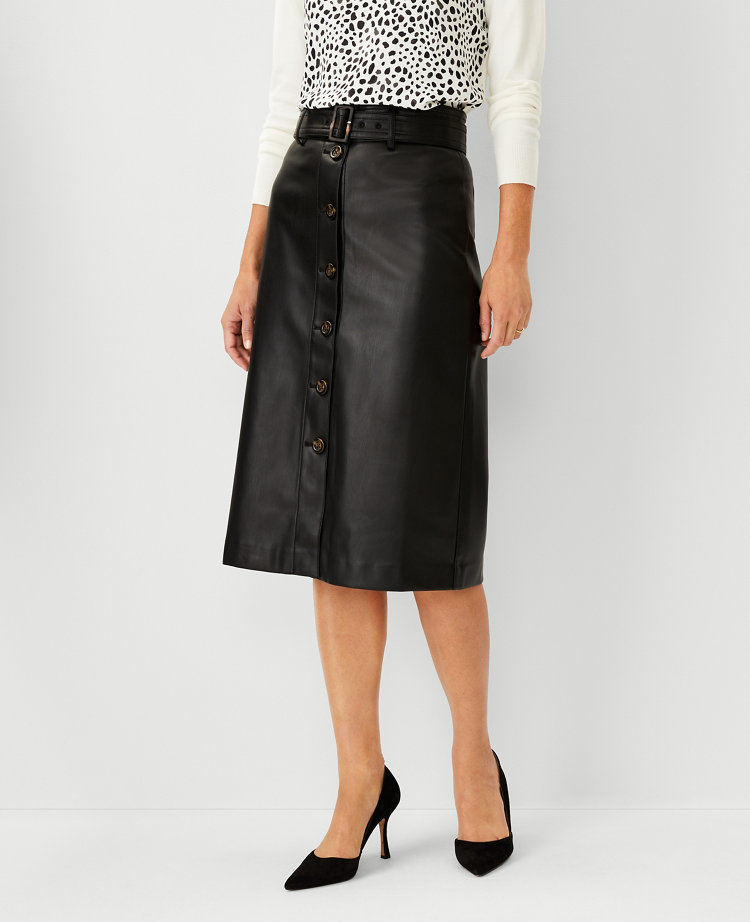Faux Leather Belted Button Front Skirt