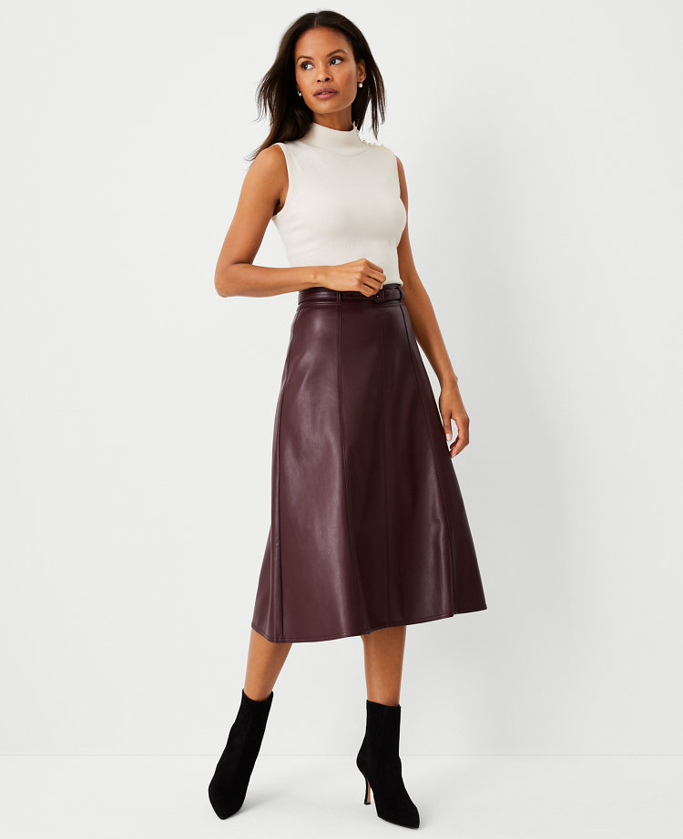 Faux Leather Midi A-Line Skirt, SOSANDAR