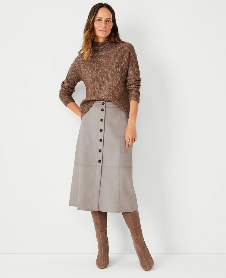 Faux Suede Button Front Midi Skirt | Ann Taylor