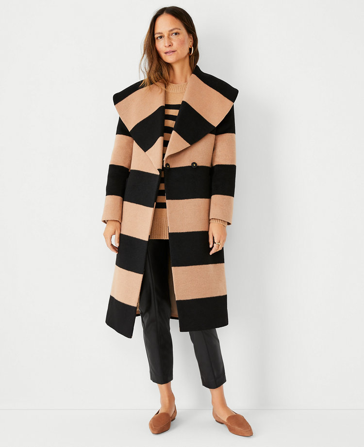 Petite Stripe Draped Collar Wrap Coat