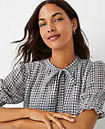 Plaid Tie Neck Puff Sleeve Top carousel Product Image 3