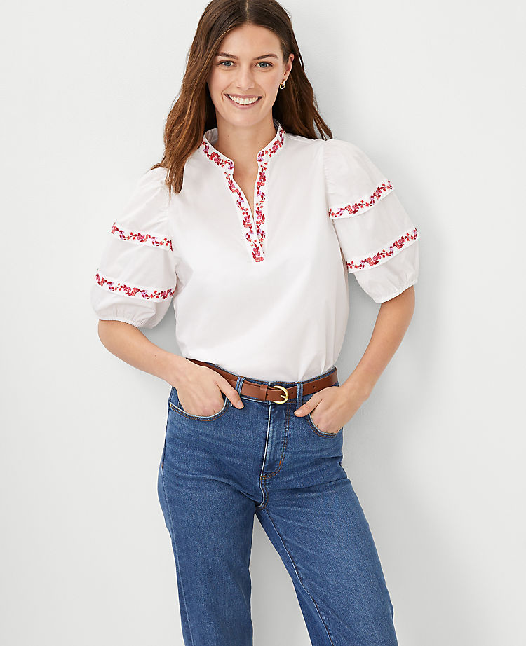 Floral Embroidered Pintucked Sleeve Popover