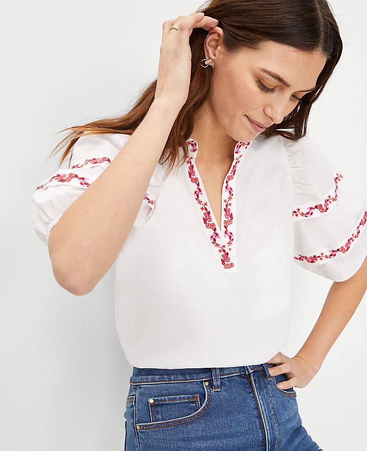 Floral Embroidered Pintucked Sleeve Popover