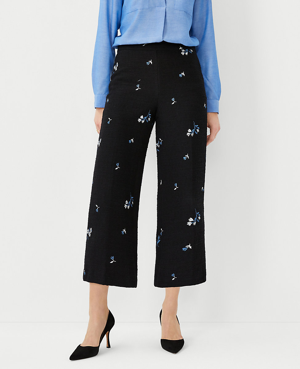 The Kate Side Zip Wide Leg Crop Pant in Floral Embroidered Tweed