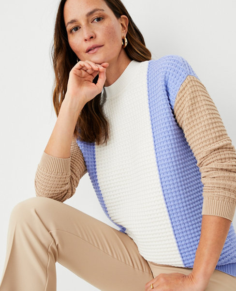 Colorblock Textured Mock Neck Sweater