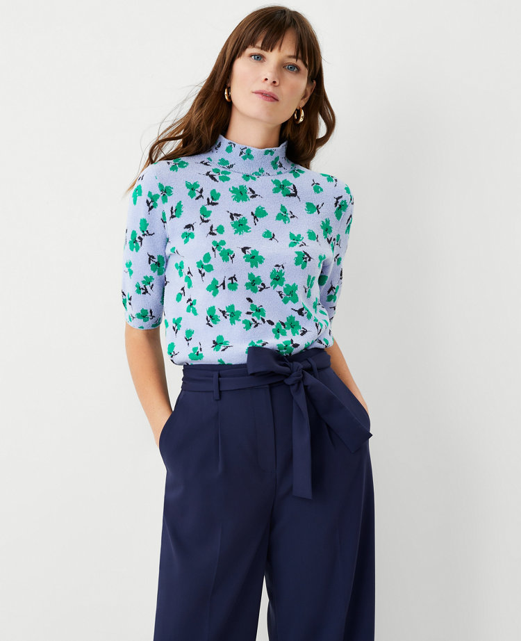 Sheer Flower Jacquard Mockneck Top 600075433olv
