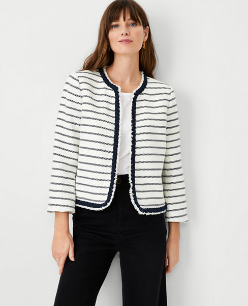 Stripe Braided Trim Cropped Tweed Jacket