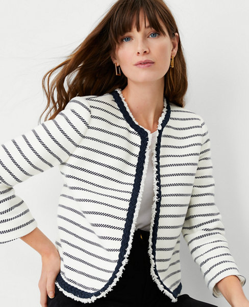 Stripe Braided Trim Cropped Tweed Jacket