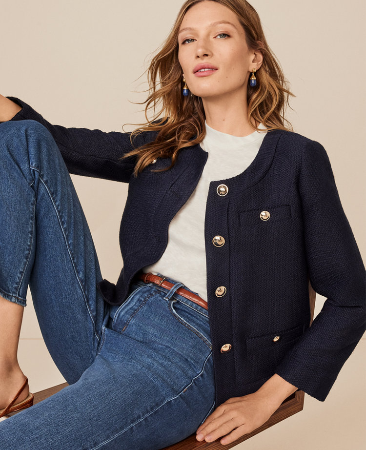 Button Trim Cropped Tweed Jacket