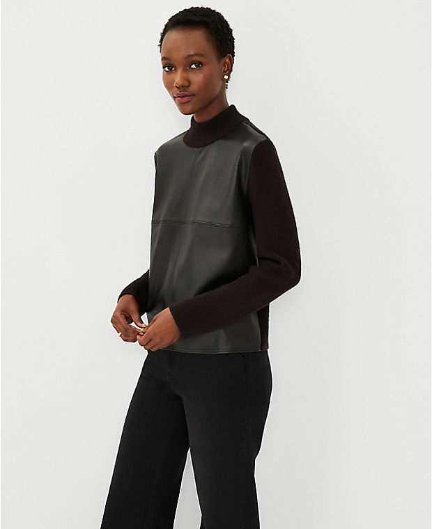 Petite Faux Leather Mixed Media Sweater