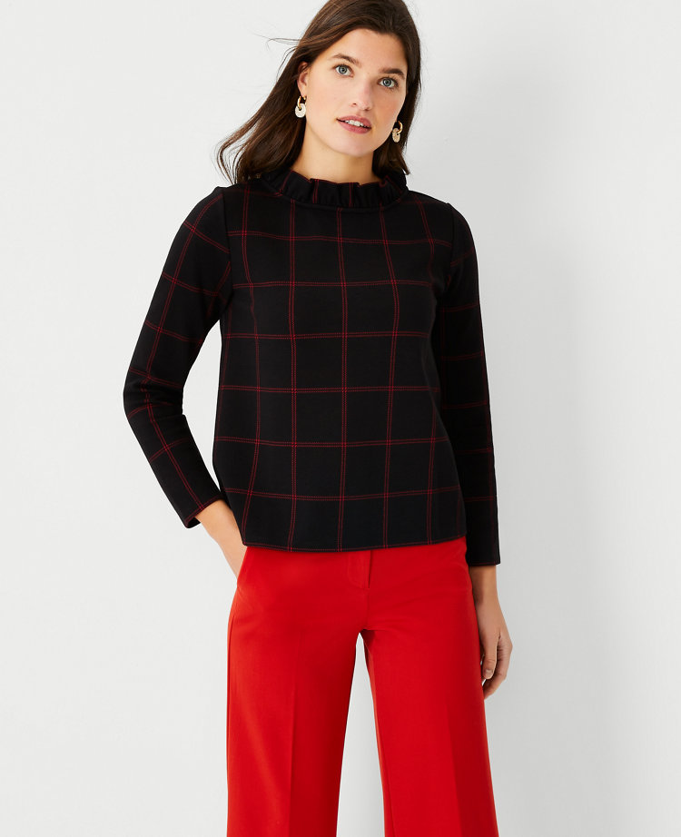 Plaid Ruffle Mock Neck Top