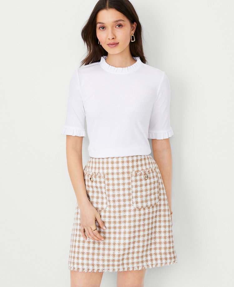 Ruffle Neck Elbow Sleeve Top