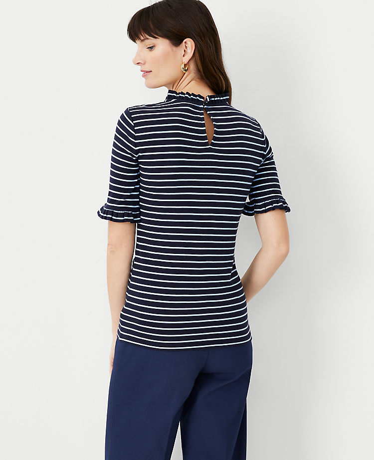Striped Ruffle Neck Elbow Sleeve Top