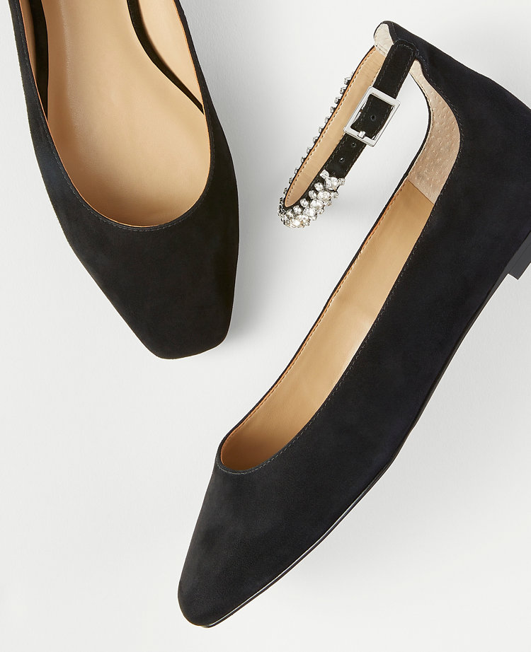 Black suede flats with ankle strap sale