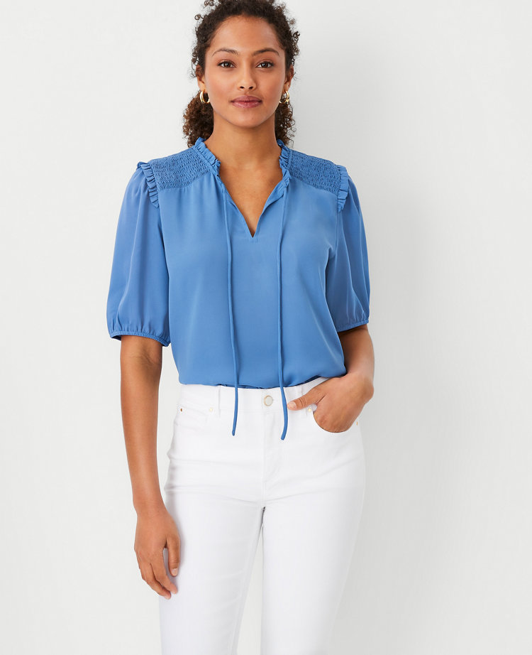 Smocked Shoulder Mixed Media Top