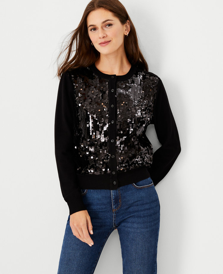 Ann Taylor Sequin Front Cardigan Black Women's