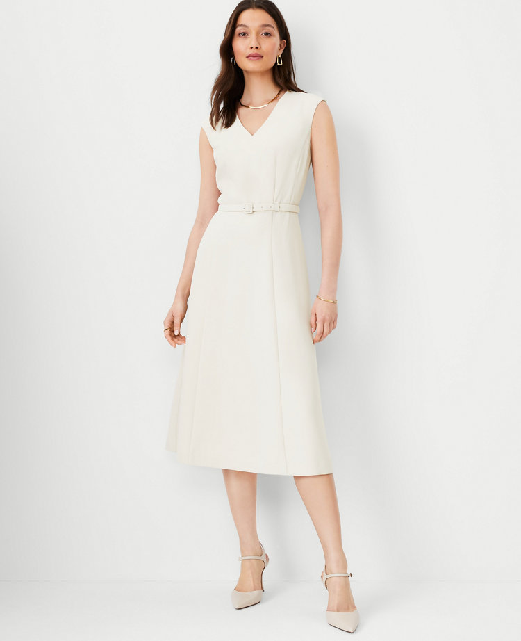 The Belted V-Neck Midi Dress in Fluid Crepe