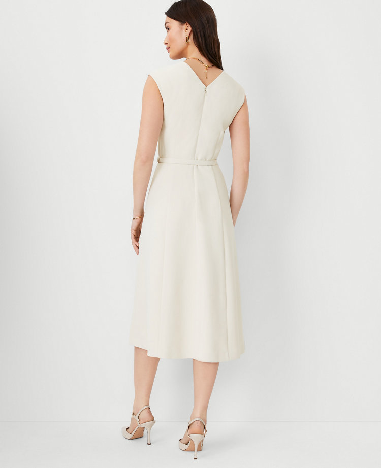 Crepe Pleat Front 3/4 Sleeve Belted Midaxi Dress